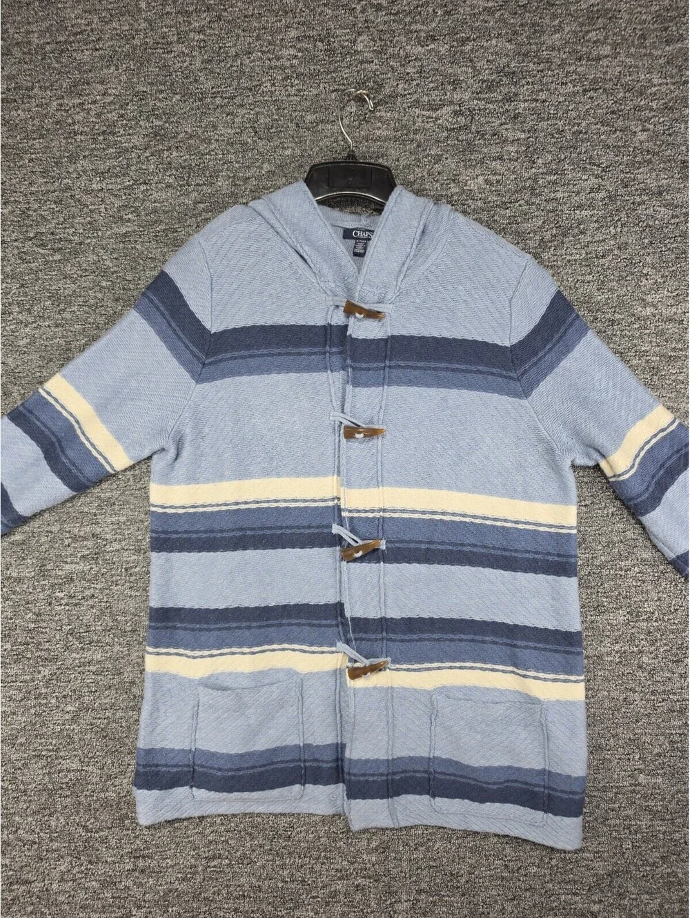 Chaps Denim Knit Cardigan Sweater Mens XL Blue Striped Hooded Toggle Long Sleeve